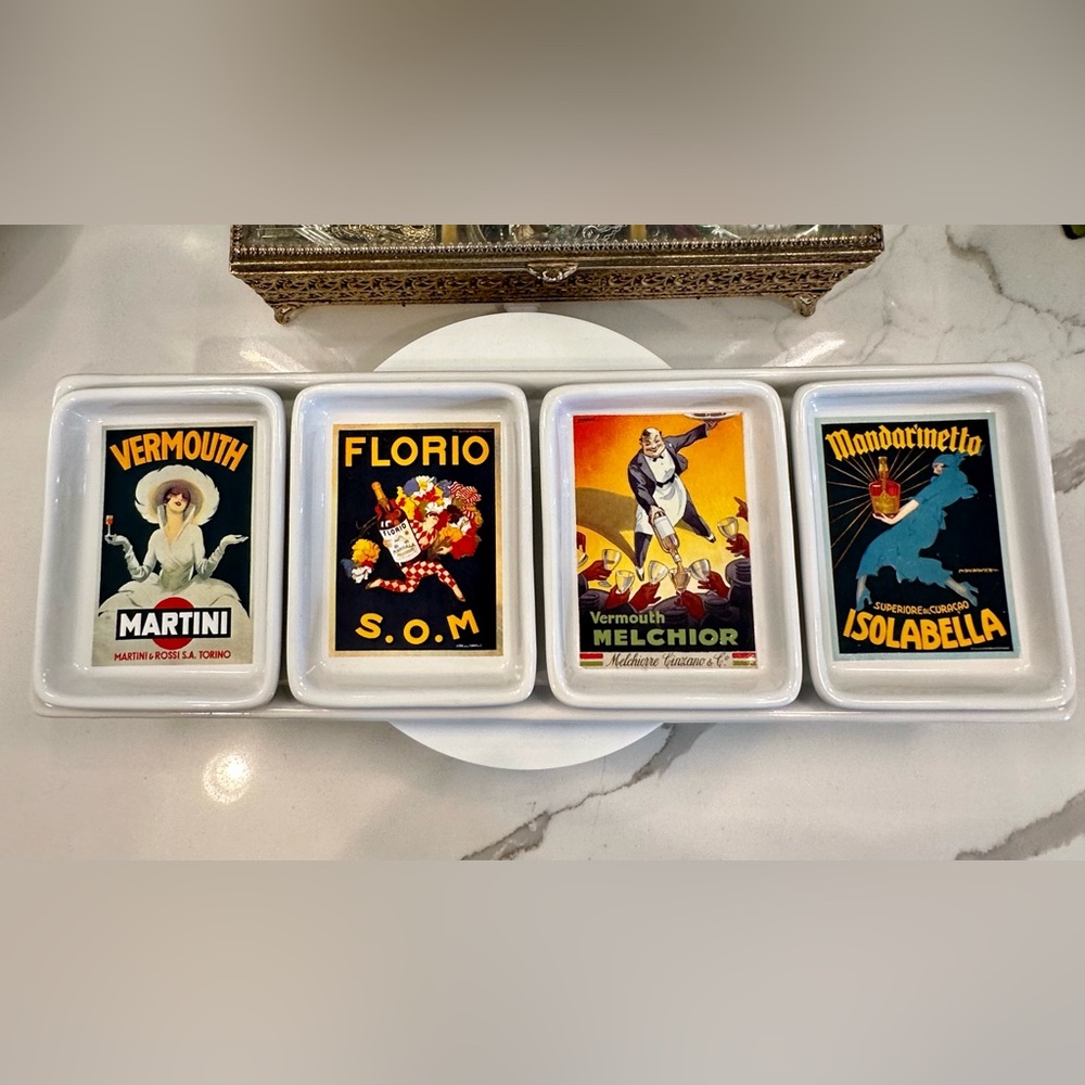 Pottery Barn - Vintage Posters Appetizer Dish Set of 5 - Condiment Trays - EUC